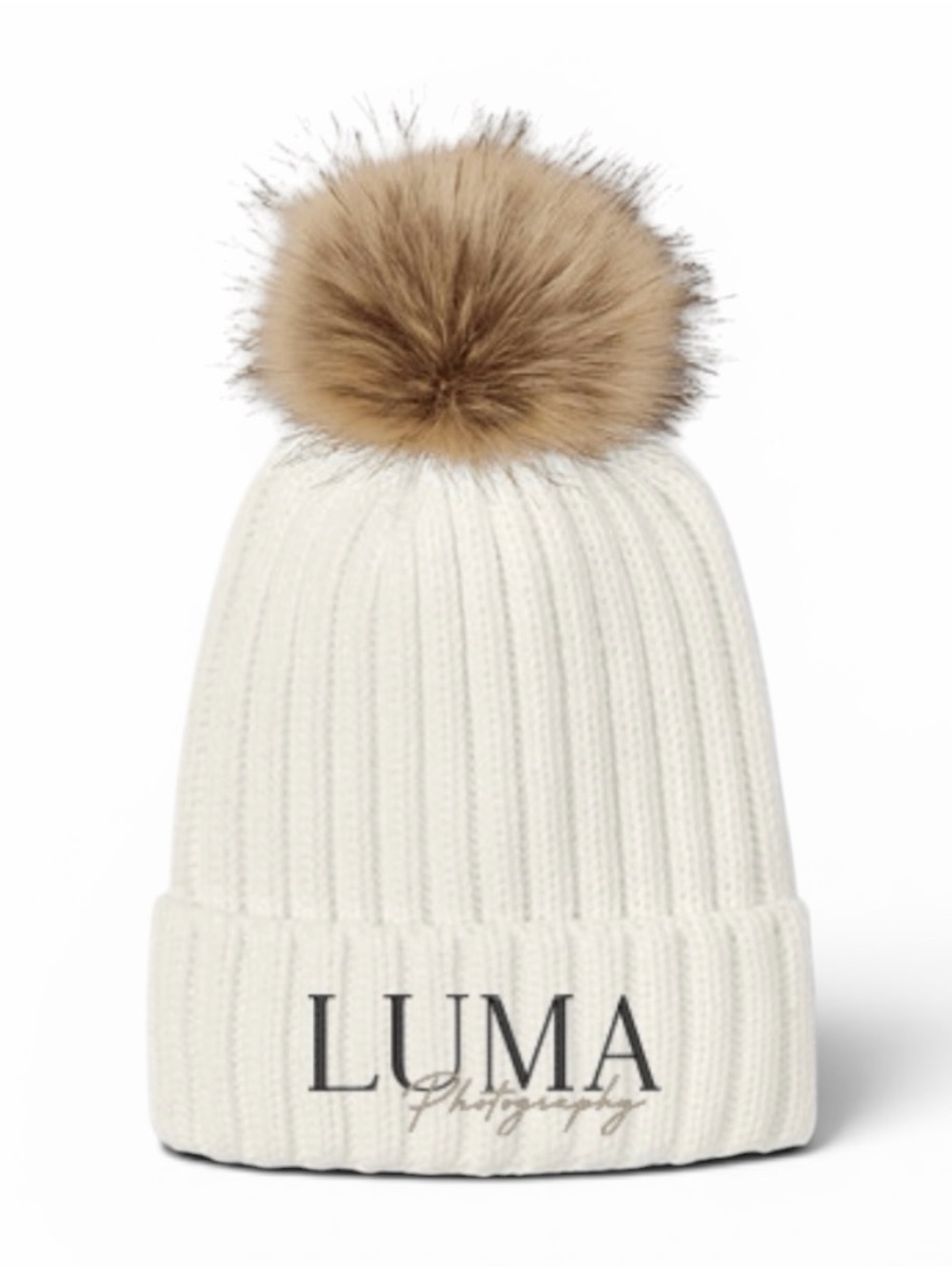 LUMA Photography White Ribbed Knit Pom Beanie